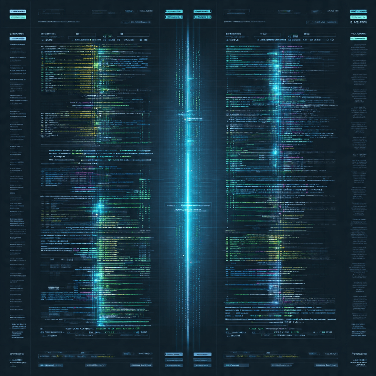 Interfaz de datos reflejada alrededor de un eje luminoso azul